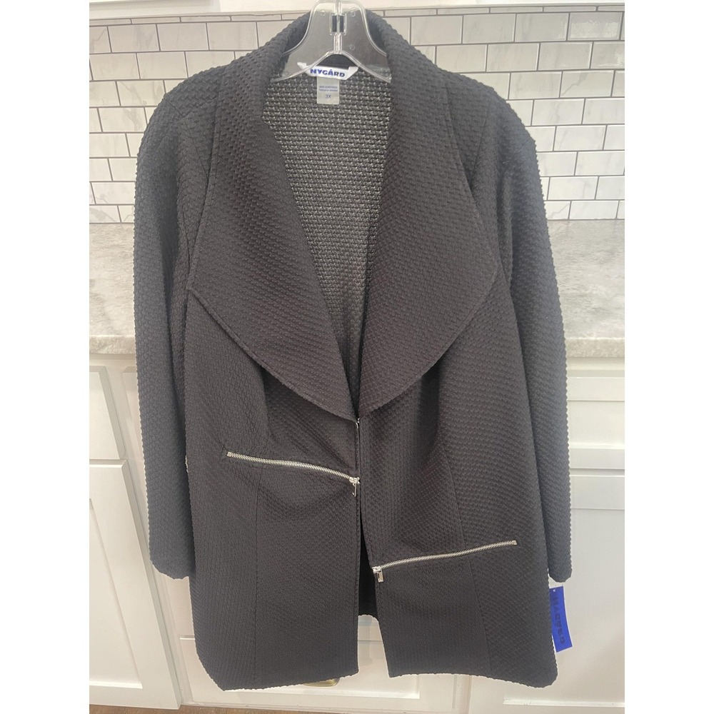 Nygard Coatigan Jacket Womens 3X Black Textured Knit Zip Pocket Plus Mid Length